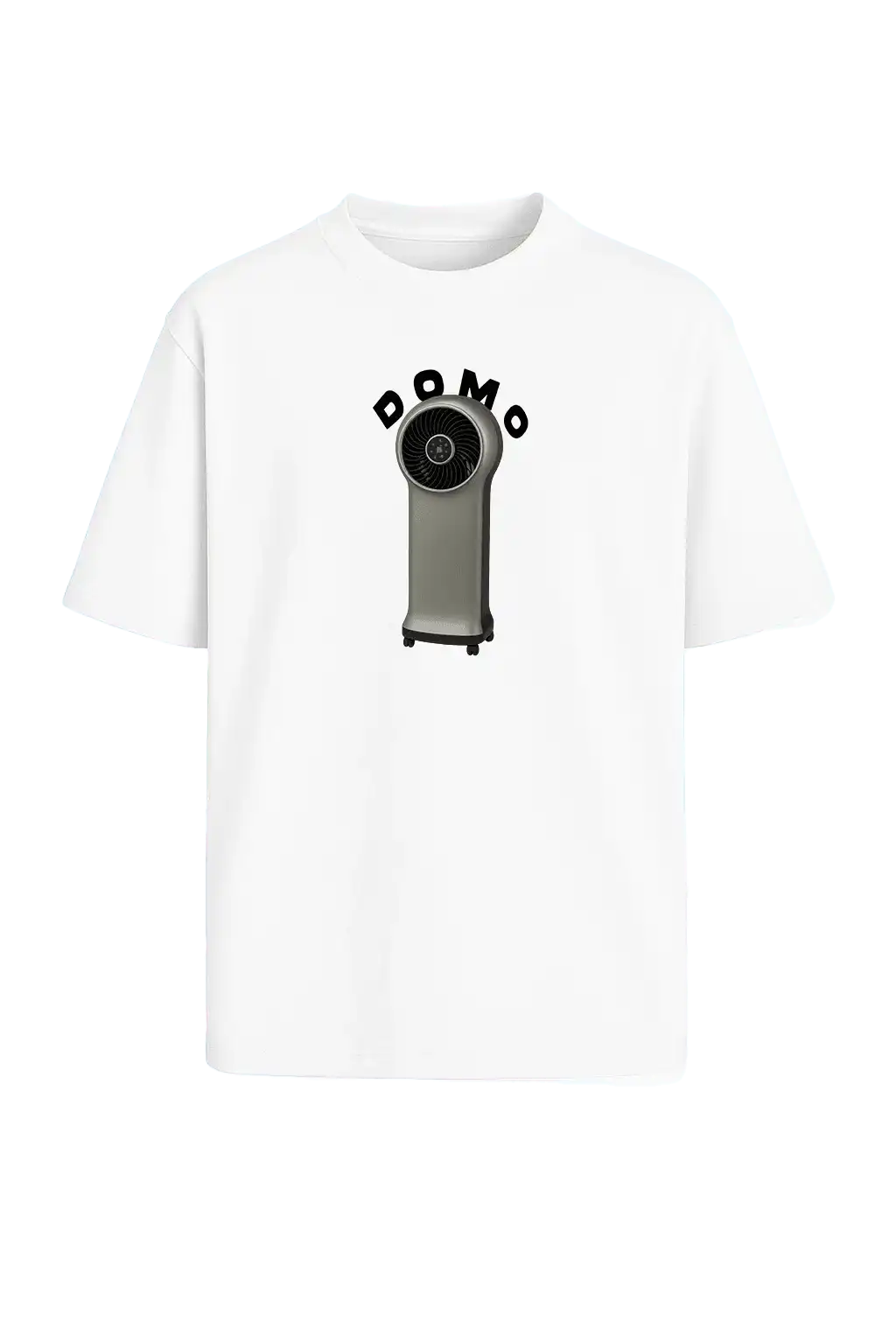 Weißes T-Shirt mit ‚Domo‘ Print und Lüfter-Icon – freigestellter Papaplatte Fanartikel