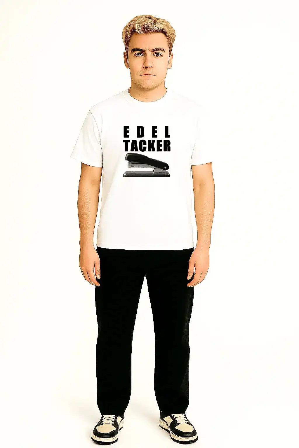 Weißes Fan T-Shirt mit dem Insider ‚EDELTAcKer‘ – getragen im Casual Look