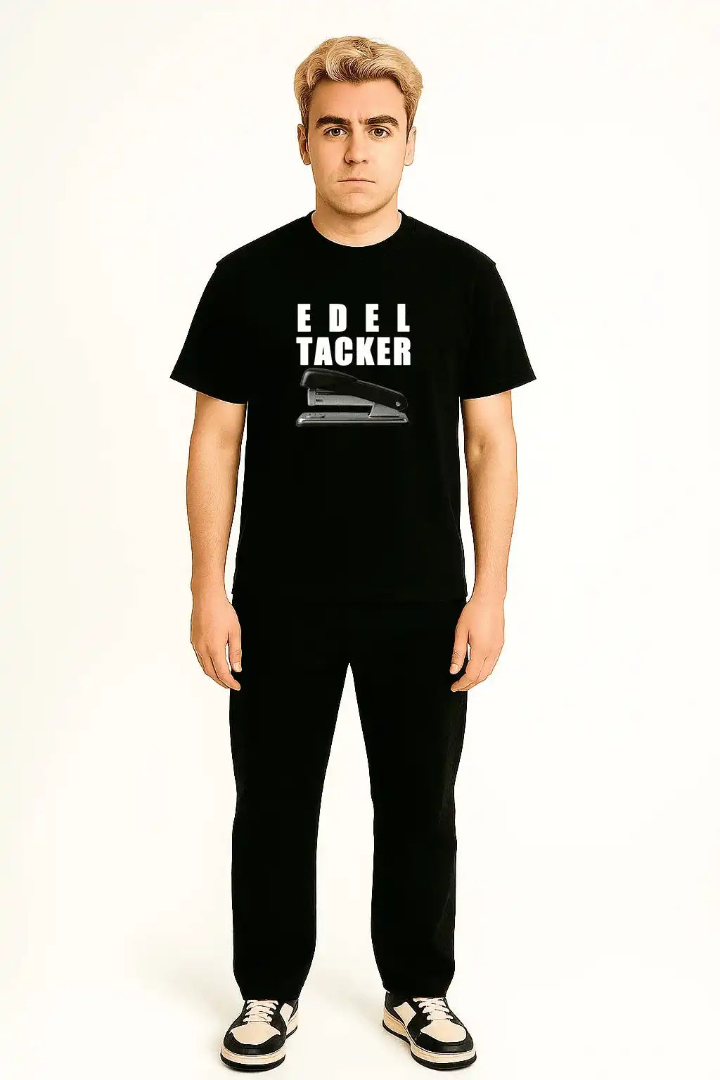 Schwarzes Meme Shirt mit dem Print ‚EDELTAcKer‘ – Papaplatte x BastiGHG getragen