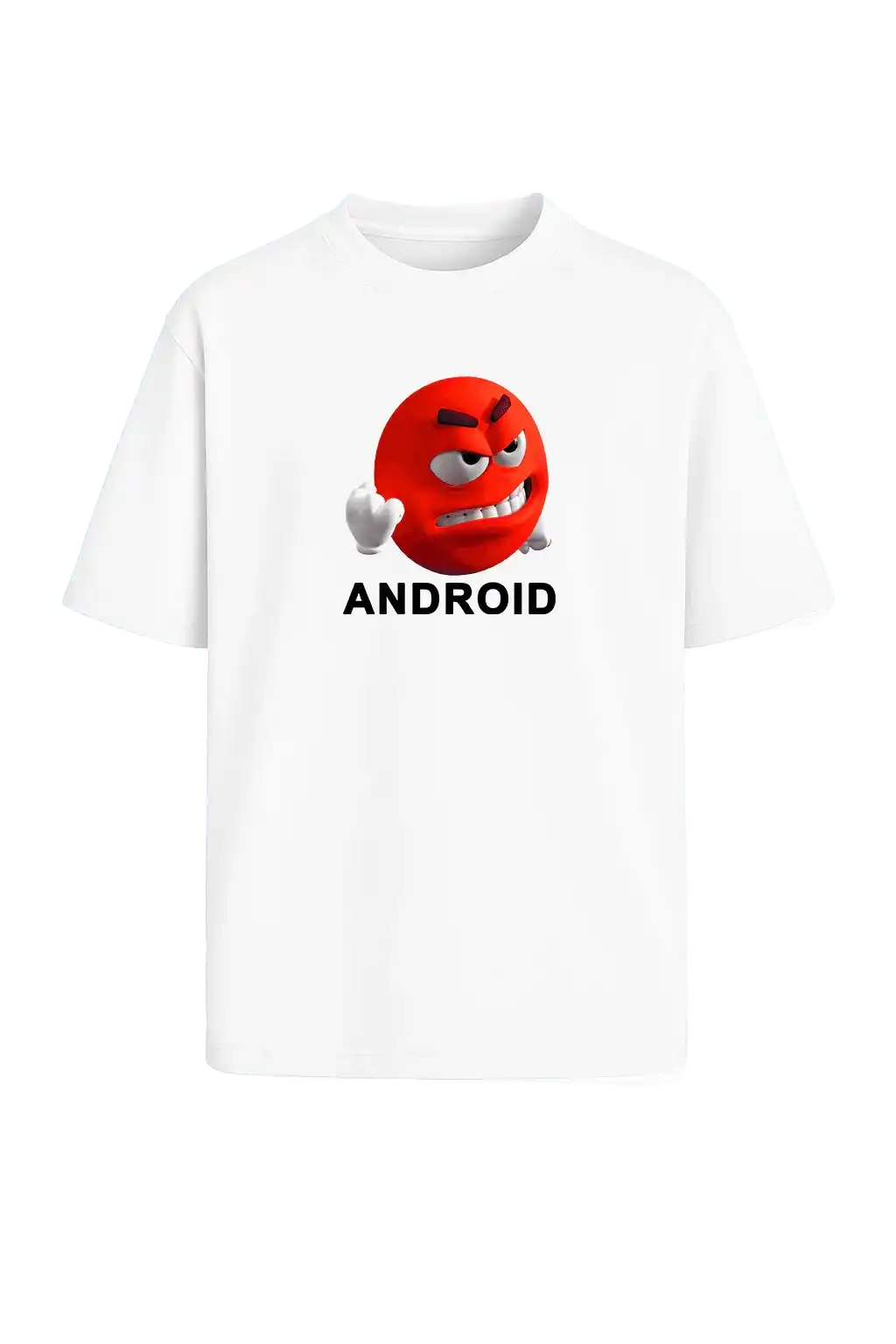 Weißes Meme T-Shirt mit schwarzem Print ‚grr androids‘ – freigestellter Creator Merch