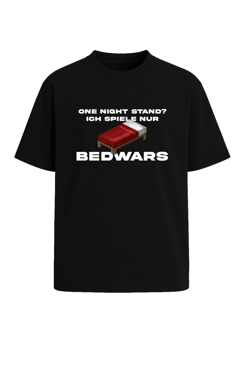 Schwarzes Streetwear T-Shirt mit weißem Aufdruck „ich spiele nur bedwars“ – Creator Gaming Style