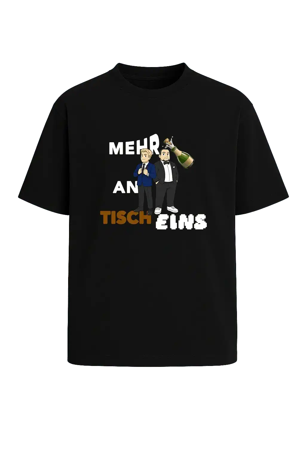 mehr wein - orbicSchwarzes Creator Shirt mit weißem Print „mehr weißwein an tisch eins“ – Meme T-Shirt