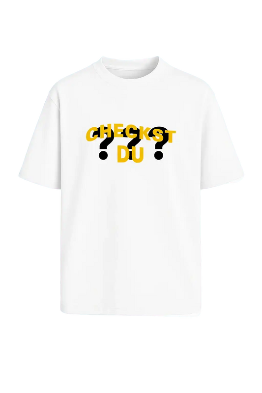 Weißes Statement Shirt mit dem provokanten Print „checkst du???“ – Creator Meme Fashion

