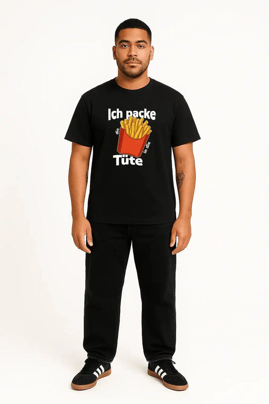 Schwarzes Meme Shirt mit dem Satz „ich packe die fritten in die tüte“ – Creator Vibe
