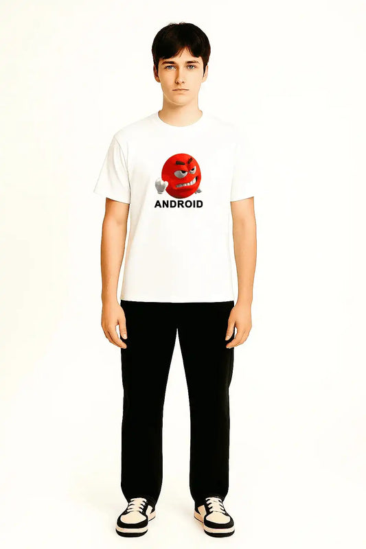 Weißes T-Shirt mit dem Aufdruck ‚grr androids‘ – getragen im Streetwear-Look