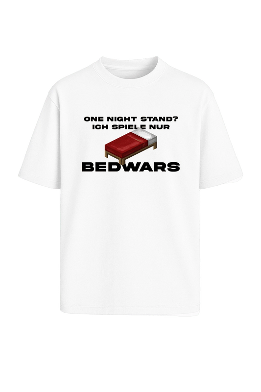 Weißes Meme Shirt mit dem witzigen Print „ich spiele nur bedwars“ – Gaming Fanartikel
